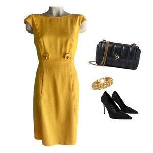 DAVID MEISTER YELLOW BUTTON DETAIL CAP SLEEVE STRAIGHT SHEATH DRESS SZ 10